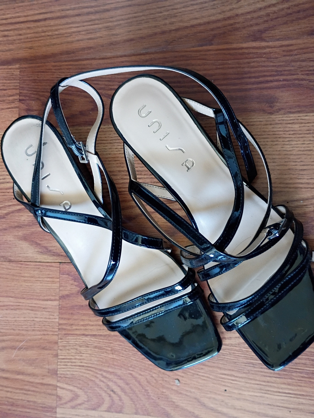 Unisa Black Patent Strappy Square-Toe Slingback Heels